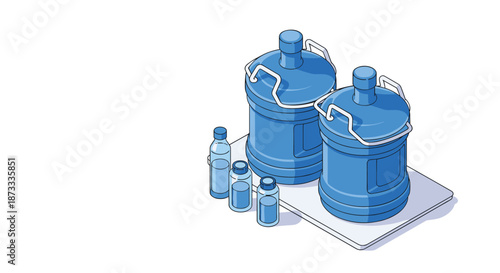 Isometric illustration of large and small plastic water bottles, including two large cooler jugs for delivery service.