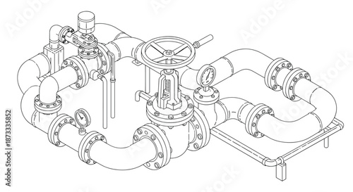 Detailed technical line drawing of an industrial piping system with a large gate valve, flanges, and pressure gauges isometric.