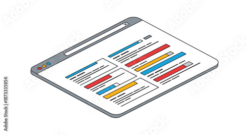 Isometric illustration of a web browser window showing search engine results page with various links and colored data bars.