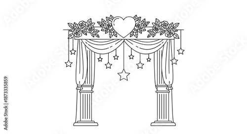 Elegant black and white line drawing of a wedding arch with columns, draped fabric, roses, a heart, and hanging stars.