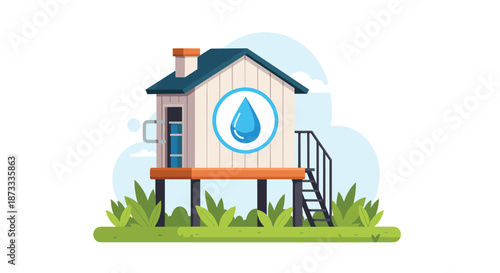 Small wooden stilt house with a blue water drop symbol on the side, representing a water supply station or clean water access.