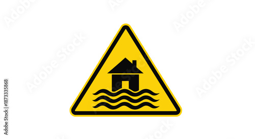 Yellow triangular warning sign with a black icon of a house submerged in water, indicating a risk of flooding in the area.