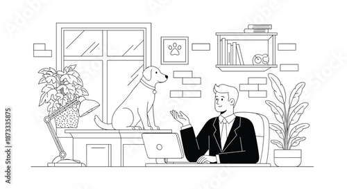 Black and white line art of a businessman working at his office desk with a laptop, while his loyal dog sits beside him.