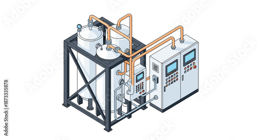 Isometric illustration of an industrial processing plant with stainless steel tanks, pipes, and a complex control panel with screens.