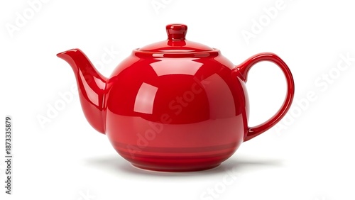 Vibrant red shiny teapot on white.
