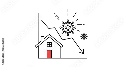 Line art icon showing the negative impact of the coronavirus pandemic on the real estate market with a declining graph arrow.
