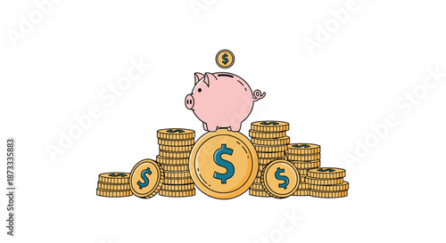 Cute piggy bank sitting on a large pile of gold dollar coins, representing savings, investment, and financial wealth accumulation.