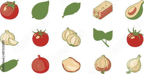 Flat vector set of 6 poke bowl ingredients tuna cubes edamame seaweed salad avocado slice corn and sesame seeds