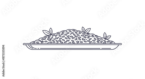 Minimalist black and white line art illustration of a large platter of cooked rice or grains, garnished with fresh leaves.