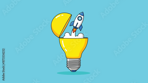 Rocket Launching From Light Bulb Symbolizing New Idea.