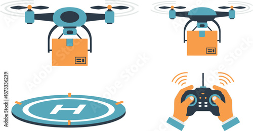 Flat design set of 4 drone delivery elements delivery drone package payload landing pad and remote controller
