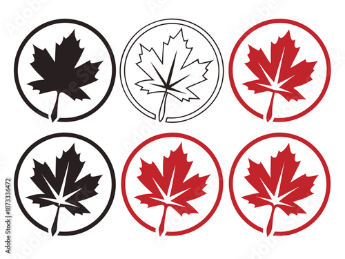 A collection of circular emblems featuring canadian maple leaves in varied colors and styles silhouette