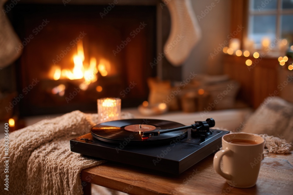 Naklejka premium Cozy winter evening with vinyl record player by fireplace