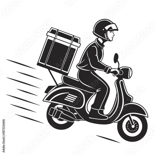 A delivery driver swiftly rides a scooter with stacked food containers a striking black silhouette