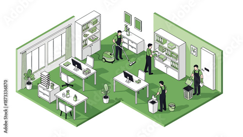 Professional cleaning crew meticulously sanitizing a modern office space.