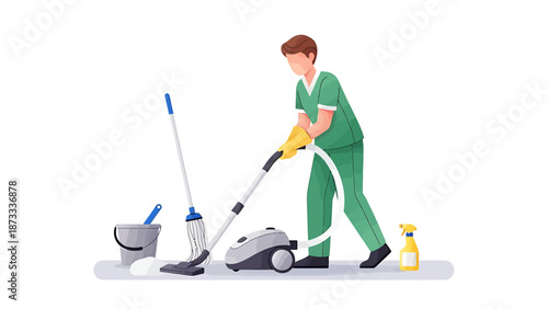 Professional cleaner diligently vacuuming a floor with cleaning supplies nearby.
