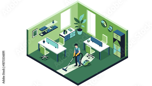 Professional cleaner vacuuming an office space with modern desks and equipment.