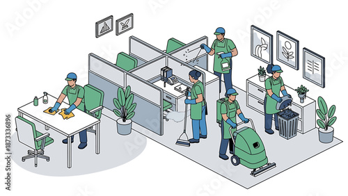 Professional cleaning crew meticulously sanitizing a modern office environment.