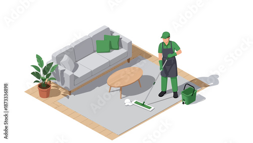Professional cleaner diligently mops the floor in a modern living room.