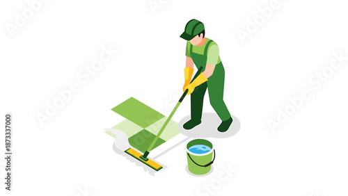 Isometric illustration of a cleaner mopping a floor with a bucket.