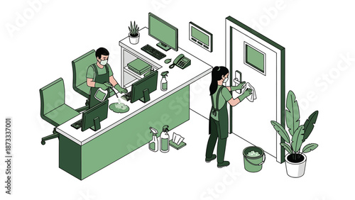Professional cleaning crew meticulously sanitizing an office space.