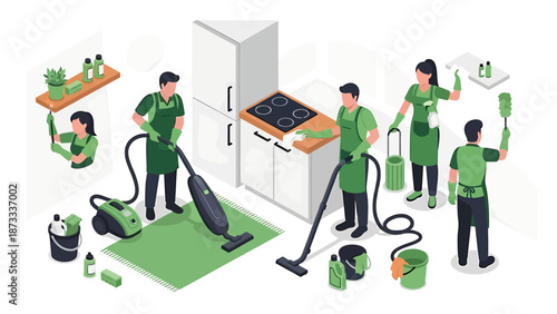 Professional cleaning crew meticulously tidying a modern kitchen space.