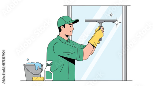 Professional window cleaner diligently working to make glass sparkling clean.
