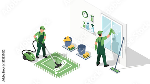 Professional cleaning service team at work with vacuum cleaner and window washing.