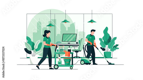 Professional cleaning service team working in a modern office environment.