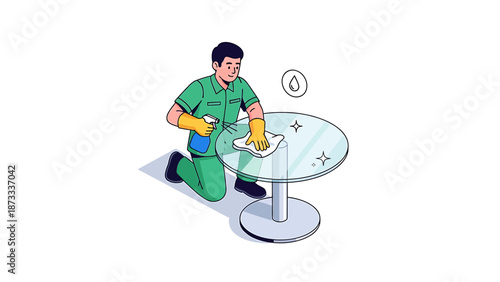 Professional cleaner meticulously wiping a glass table surface.