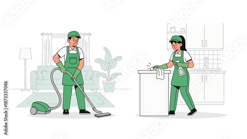 Professional cleaning service staff performing household chores with efficiency.