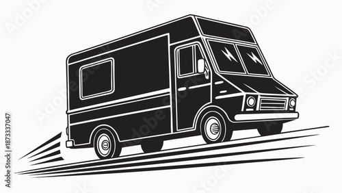 A detailed black and white illustration of a food truck moving quickly presented as a striking silhouette