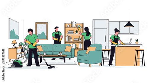 Professional cleaning service team working diligently in a modern home.