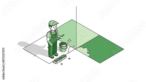 Isometric illustration of a worker painting a floor with green paint.
