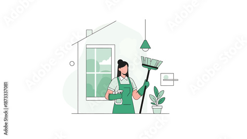 Woman in apron holding broom and cleaning supplies.