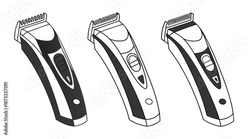 three black and white hair clippers displayed in a row showing different angles silhouette high quality