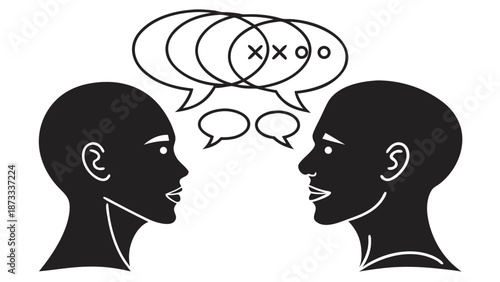 two heads in profile facing each other with speech bubbles containing symbols a striking silhouette