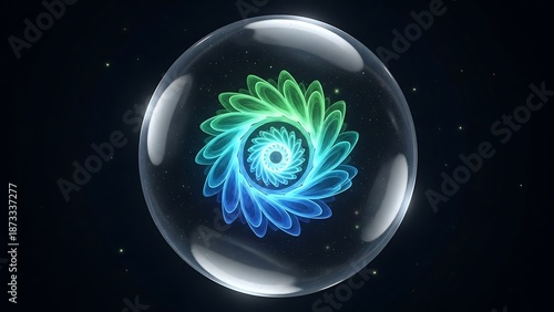 Vibrant Digital Flower in Glass Sphere.