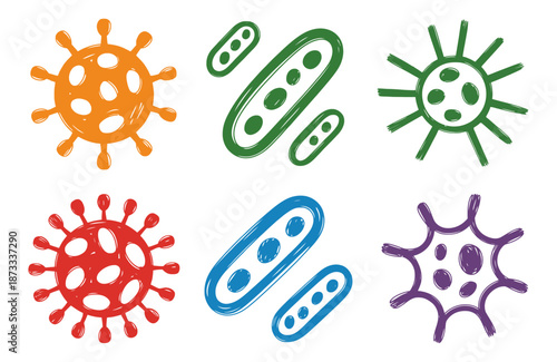 Colorful hand drawn virus and bacteria cell white background microbe germ