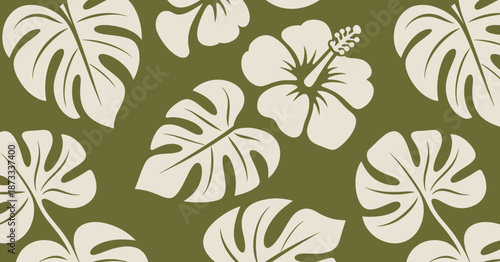 Cream monstera leaves and hibiscus flowers pattern olive green background leaf tropical