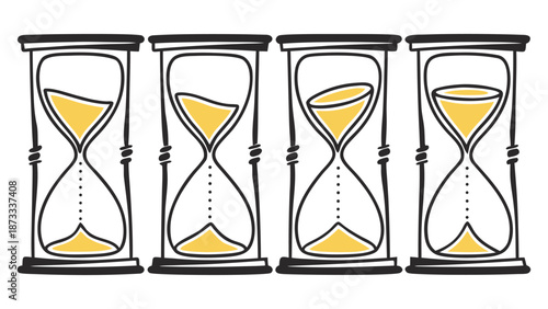 A series of four vintage hourglasses with yellow sand outlined in black presented as a silhouette