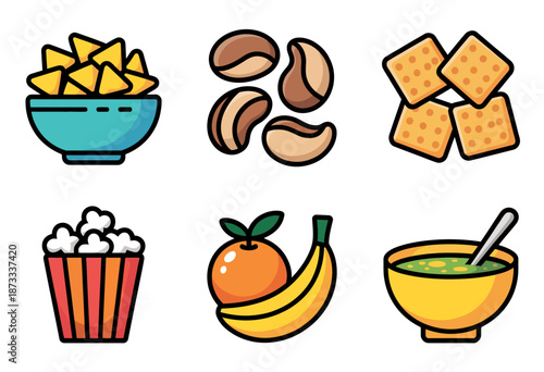 Flat of food and snacks including nachos popcorn nuts crackers fruit and soup