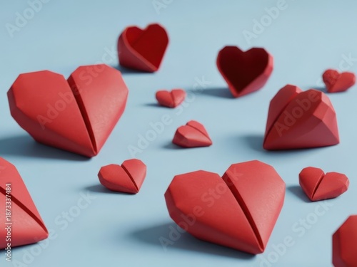 Scattered red origami hearts on light blue background isolated on white background