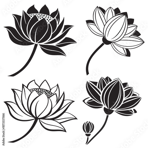 A collection of intricately designed lotus flowers in varying stages of bloom presented as a silhouette