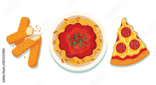 An assortment of popular Italian dishes including pasta, pizza slice, and breaded.