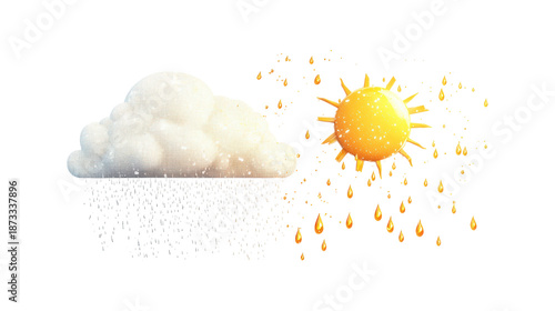 Watercolor sun and cloud with rain drops on transparent background weather sign