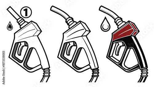 Illustrative depiction of three gas pump nozzles in varying stages of detail a striking silhouette