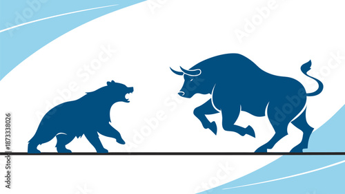 A dramatic depiction of a bear and a bull facing off against each other silhouette