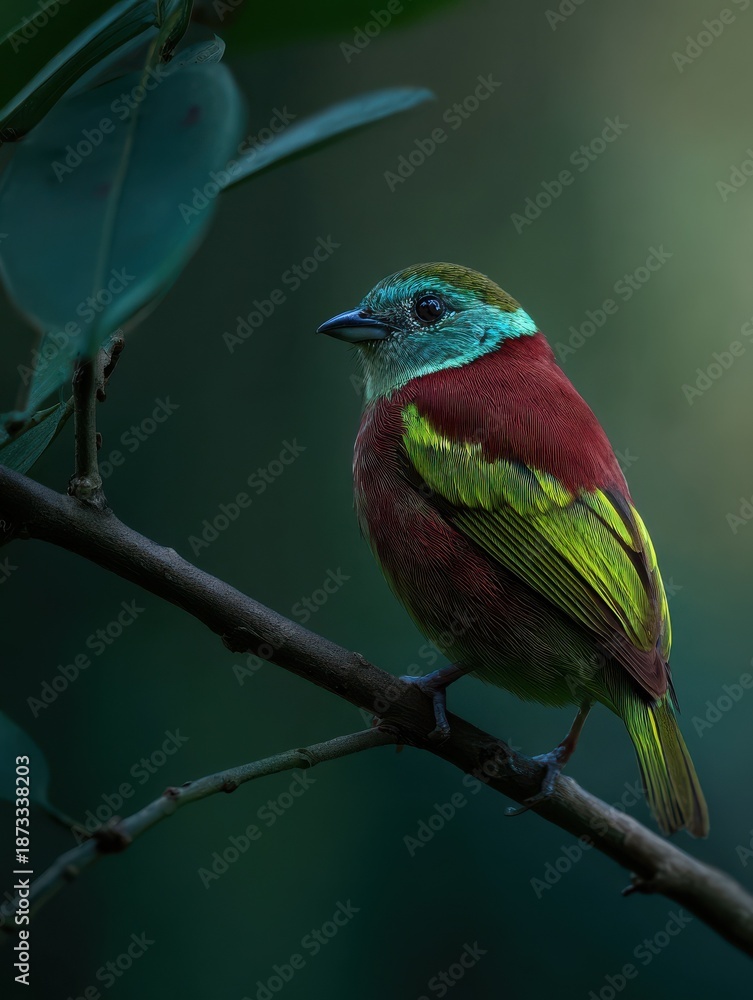 Fototapeta premium colorful bird with shimmering feathers perched on a branch showing off its beauty against a simple backdrop