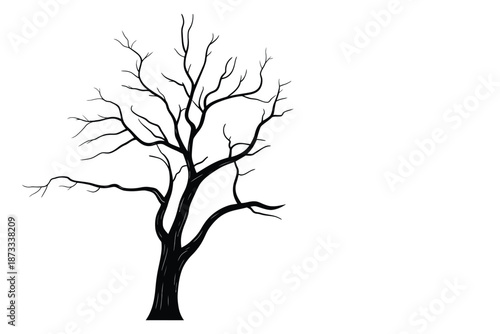 A bare tree silhouette against a white background in a minimalist style
